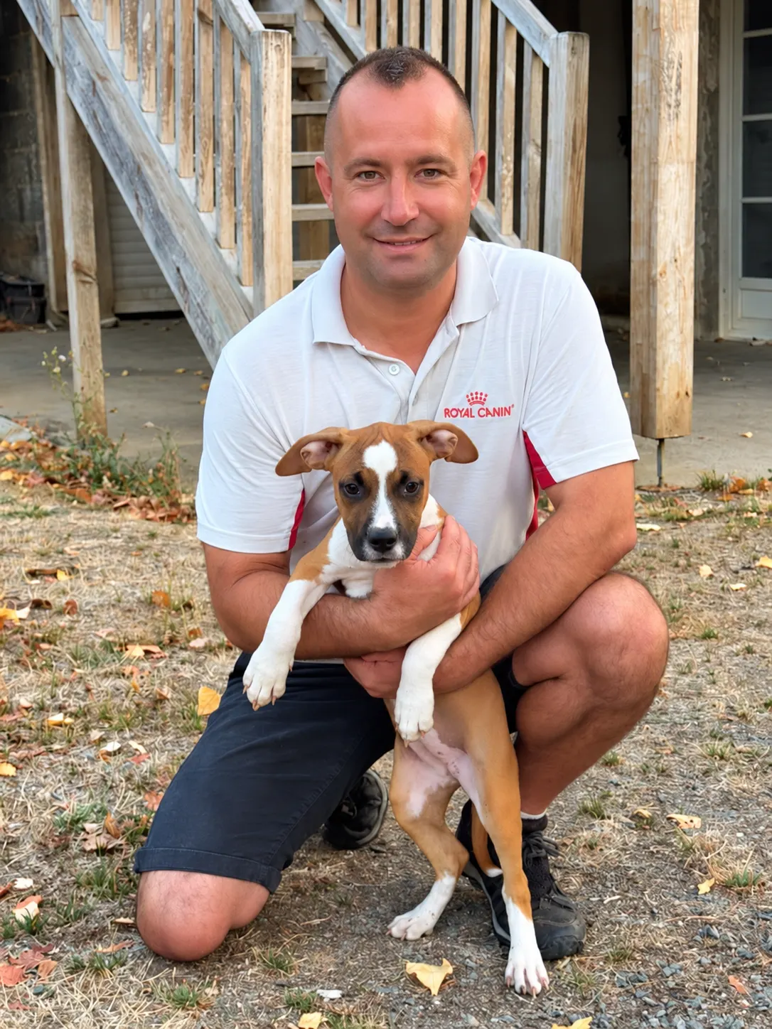 L’éleveur accroupi tenant un chiot fauve et blanc devant un escalier en bois